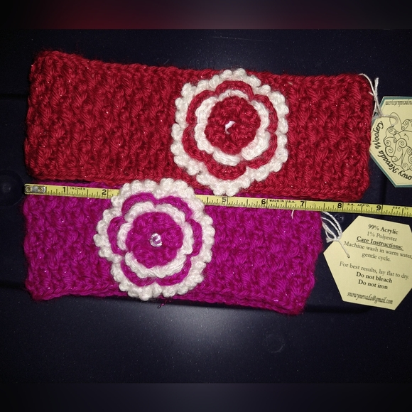 Set of 2 crocheted flower headband ear warmers earmuffs red pink - Picture 4 of 9
